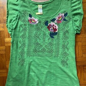 Anthropologie Women’s Green Hippie Floral Embroidered Flutter Sleeve Top L EUC!